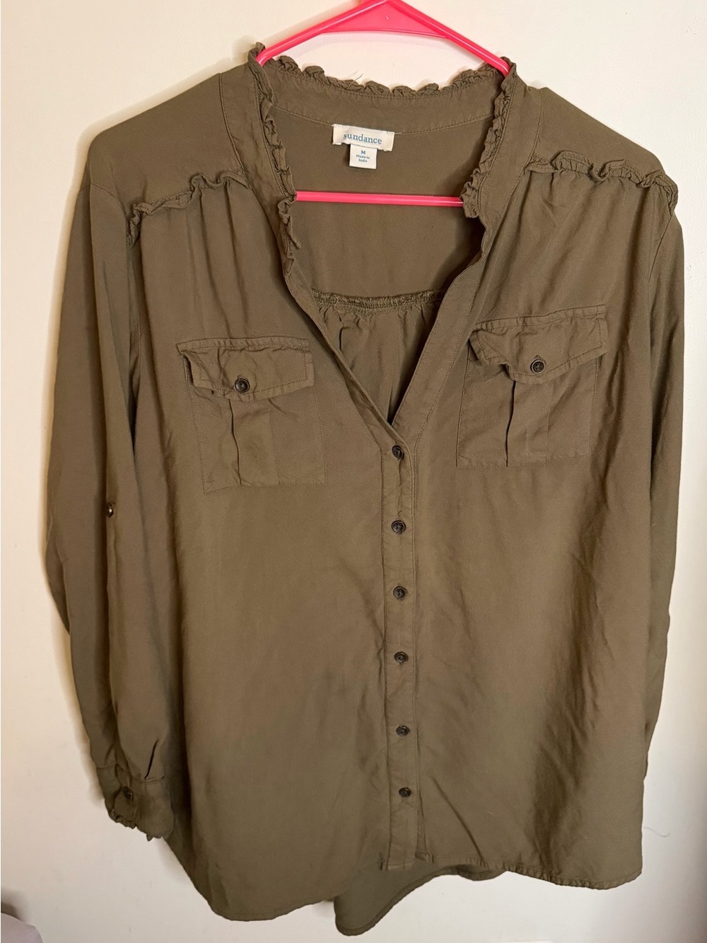 Sundance Olive Ruffle-Trim Button Down Shirt